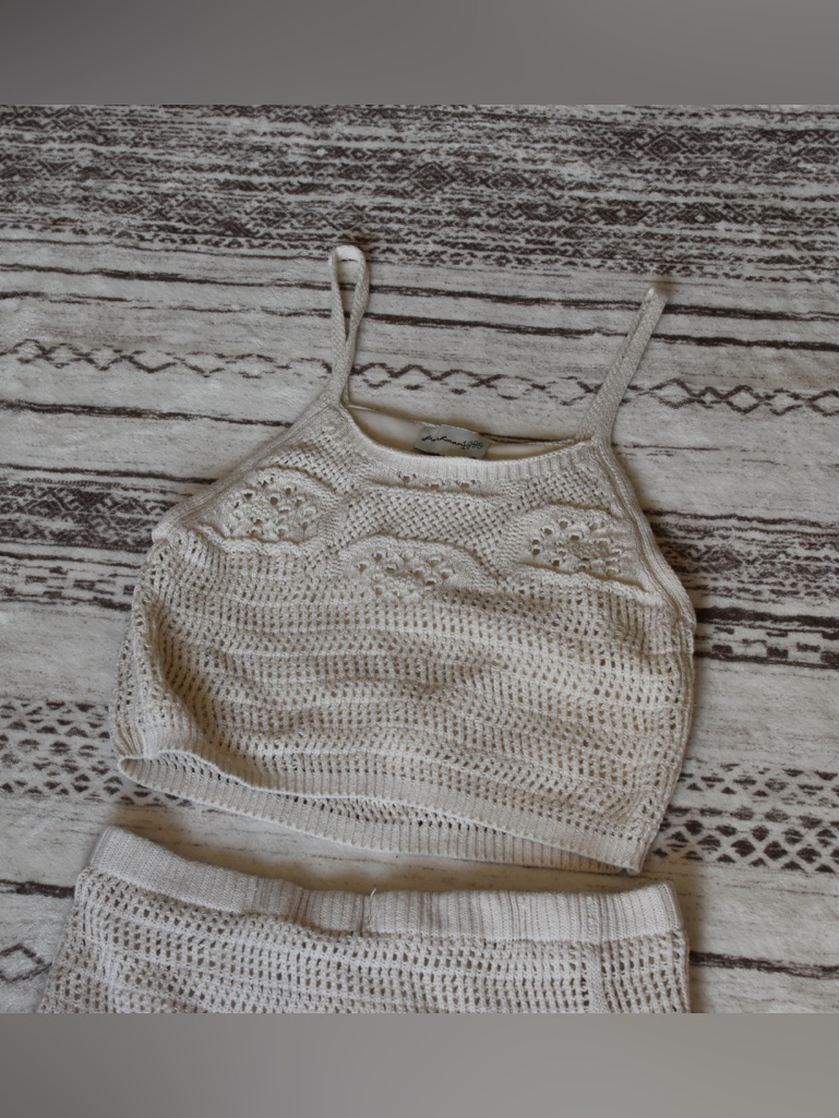 Neutral Crochet Knit Skirt Set With Spaghetti Strap Crop Top